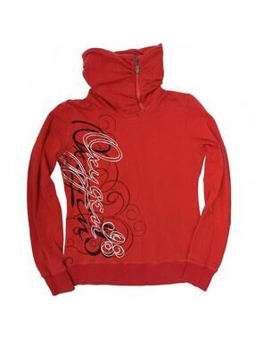 Y2K Oxygen Red High Zip Up Neck Sweater With Swirly Graphic Print Sz M 2000s